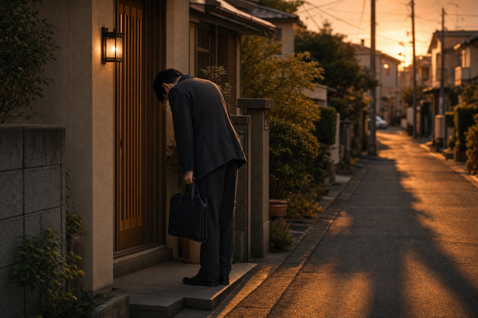 夕暮れの住宅街で頭を下げる営業マン